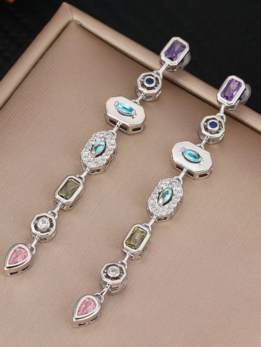 Multicolor Gemstone Drop Earrings - Silver Tone New